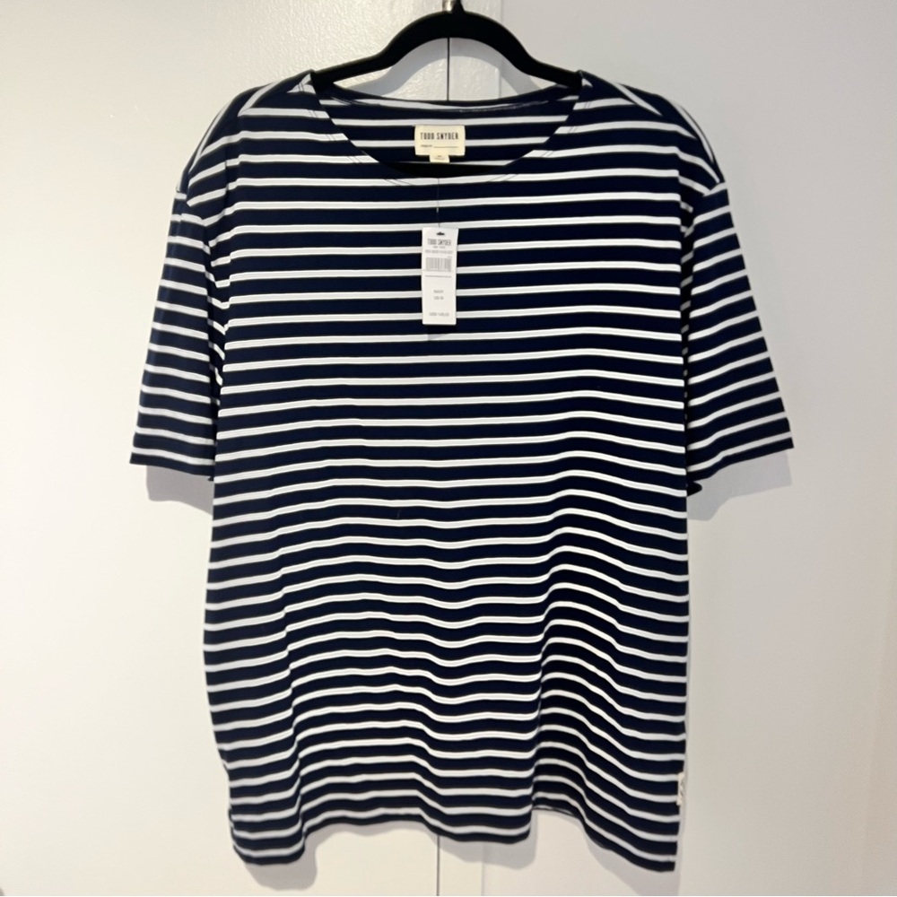 Todd Snyder Navy and White Boatneck  Striped Tee